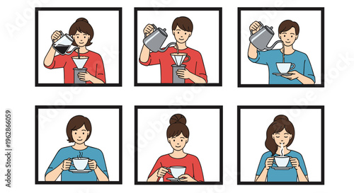 Sequence of illustrations depicting various people the process of brewing, pouring, and enjoying hot fresh coffee.