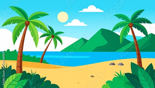 Tropical Beach Illustration with Palm Trees Mountains and Blue Ocean