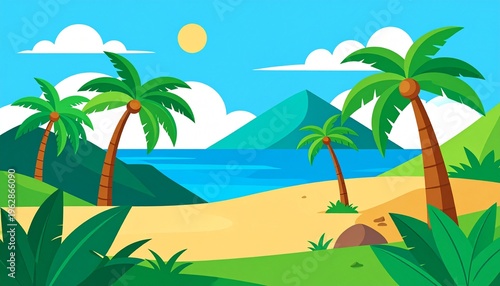 Tropical Paradise Beach Landscape with Palm Trees and Ocean View Vector