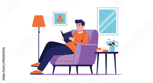 Young man relaxing in a cozy purple armchair while reading a book in a modern living room with a lamp and plant.