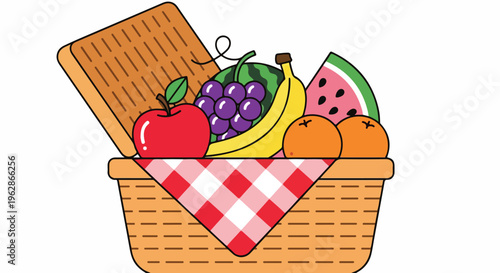 A cartoon picnic basket overflowing with various fresh, colorful fruits