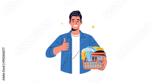 Happy man holding a plastic basket full of clean folded laundry while gesturing with a thumbs up for satisfaction.