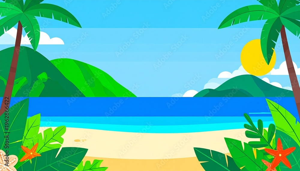 Obraz premium Tropical Beach Landscape Illustration with Palm Trees Mountains and Ocean