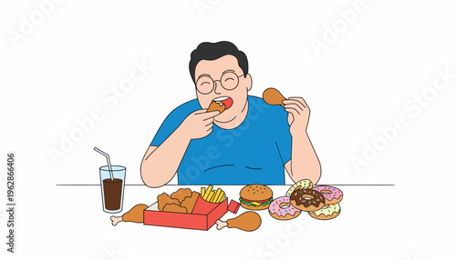 Overweight man with glasses eating a large amount of fast food including fried chicken, burgers, fries, and donuts, with a soda on the table.