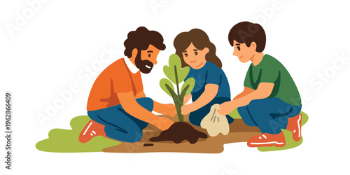 group of young adults planting tree in soil eco concept