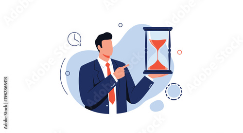 Corporate businessman in a suit holding a large hourglass and pointing at it to symbolize time management and deadlines.