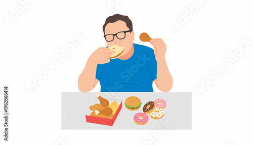 Man with glasses eating a burger and fried chicken, surrounded by fast food like donuts and more chicken, illustrating unhealthy eating.