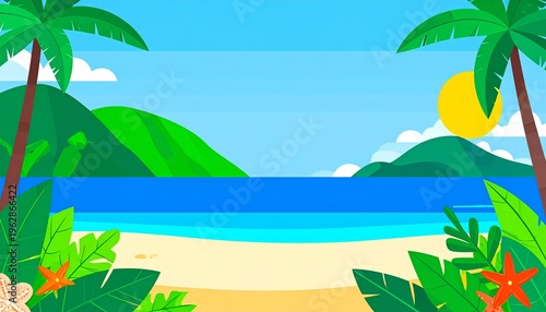 Tropical Beach Landscape Illustration with Palm Trees Mountains and Ocean