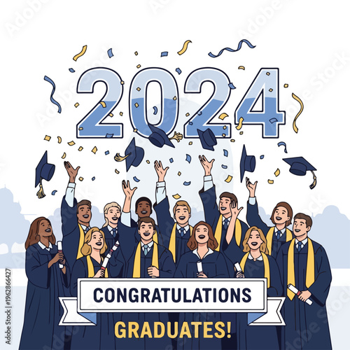 Illustration of graduates celebrating, year 2024, tossing mortarboards