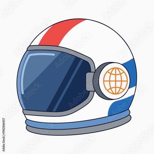 A cartoon-style depiction of a futuristic, space helmet, white, blue and red