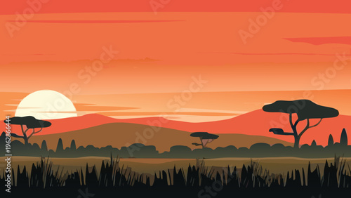 Silhouetted african landscape at sunset with vibrant orange skies