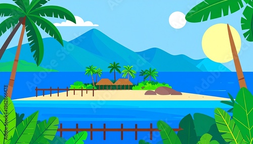 Tropical Beach Island Landscape Illustration with Palm Trees and Mountains