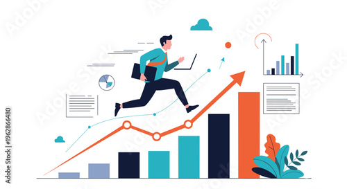 Ambitious businessman with a laptop and briefcase running up a rising bar chart arrow towards financial growth.