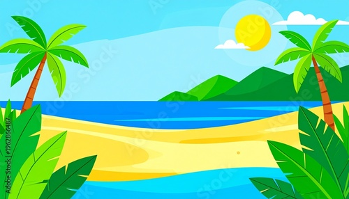 Vibrant Tropical Beach Landscape with Palm Trees Mountains and Sunny Sky