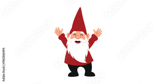 Friendly garden gnome character with a long white beard and a tall red hat standing with his arms raised in joy.