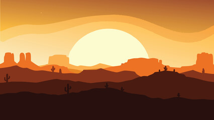Keuken achterwand Bruin Desert landscape with a large setting sun and silhouetted cacti  © PUNNABEGUM