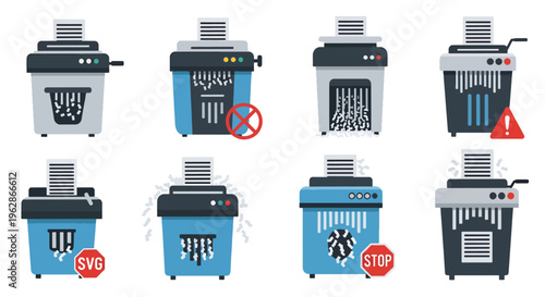 Various paper shredder icons with warning signs on colorful backgrounds