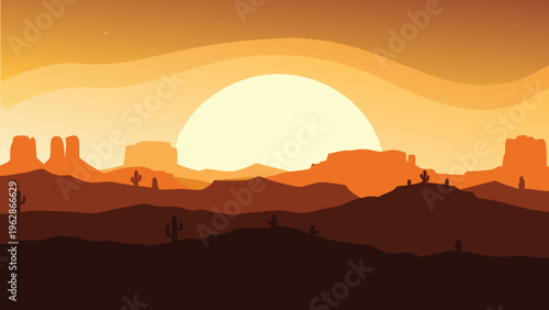 Desert landscape with a large setting sun and silhouetted cacti