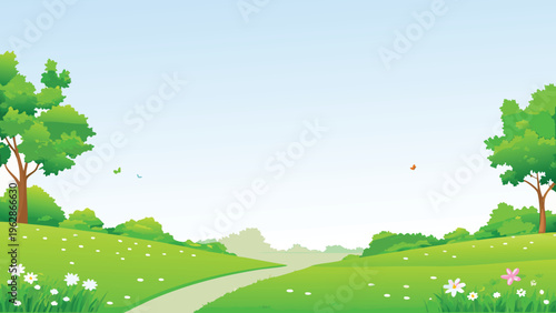A peaceful landscape illustration featuring rolling green hills and trees