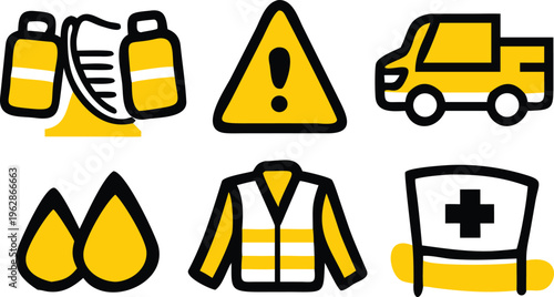 Industrial and safety related icons set. hazardous materials warning and worker equipment