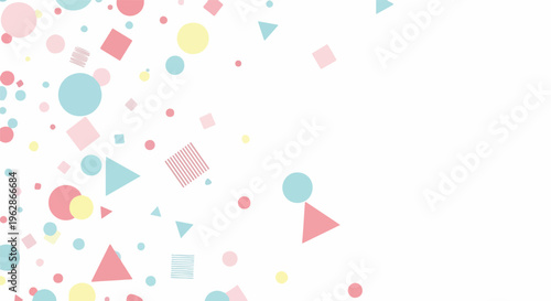 Pastel geometric shapes, circles, squares, triangles, lines on white