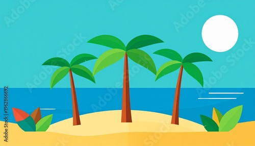 Minimalist vector illustration of a tropical beach with palm trees and sea