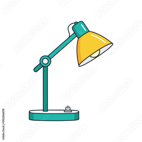 A cartoon-style desk lamp in shades of teal, yellow, and white