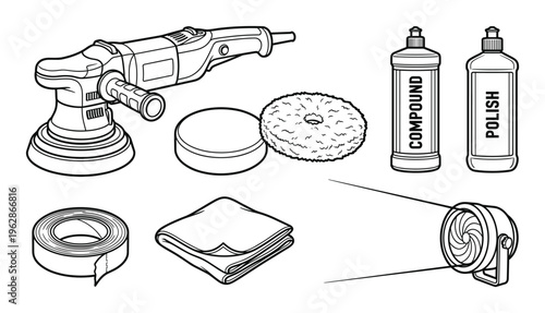 Professional car polishing equipment including electric buffer compound cloth and work lighting gear