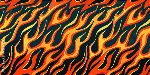 Vibrant orange and yellow flames against a dark black background