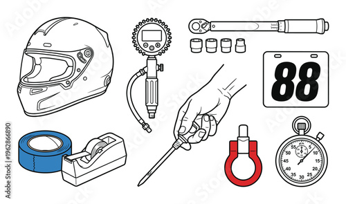 Racing safety equipment and tools set for automotive sport and pit crew
