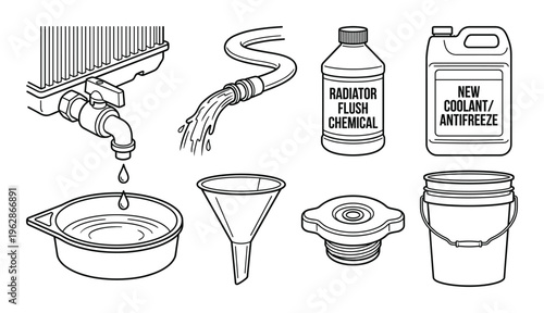 Radiator flush and coolant replacement tools including funnel bucket chemical cleaner and antifreeze