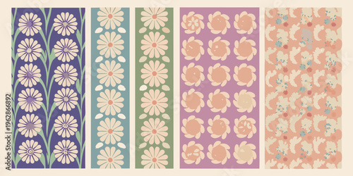 A series of six vertically oriented floral pattern swatches