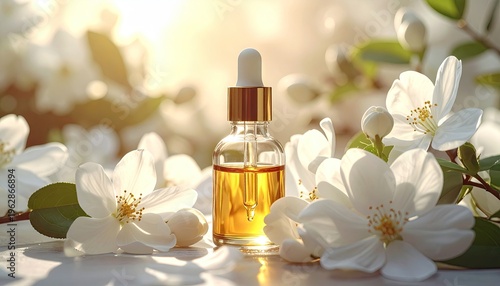 A glass bottle with dropper sits amid white flowers, bathed in sunlight