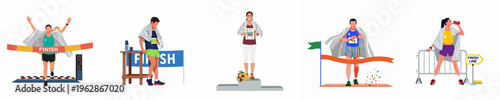 Flat illustration set of diverse runners at a race finish line, including a winner on a podium, exhausted athletes, and successful marathon finishers.