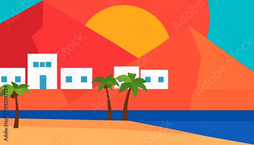 Minimalist Flat Vector Coastal Landscape with White Houses and Palm Trees