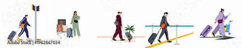 Flat vector illustration set of diverse people traveling with suitcases at an airport terminal, walking and waiting for their flights.