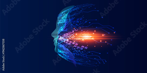 Artificial Intelligence, abstract artistic human head portrait made of dotted particles array, vector software digital visual interface.