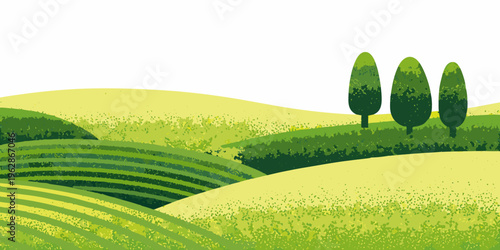 Rolling green hills with stylized trees in a landscape illustration