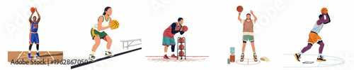 Set of flat illustrations showing diverse basketball players engaged in activities like shooting free throws, holding the ball, and standing on the court.