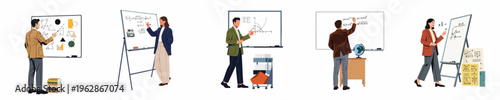 Set of illustrations featuring diverse teachers and professors writing mathematical formulas and geometric shapes on whiteboards in a classroom setting.