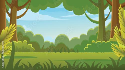 Lush green jungle scene with vibrant foliage and a bright sky
