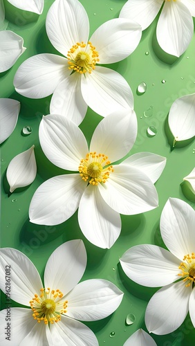 White flowers and petals, with water droplets, against a pastel green backdrop