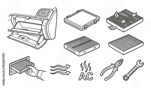 Set of car cabin filter vector line icons, editable stroke, car maintenance and repair