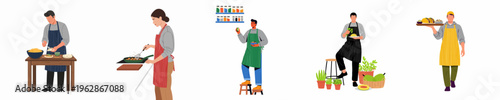 Set of diverse people in aprons cooking, preparing tacos, and serving fresh food in a kitchen, flat vector illustration style.