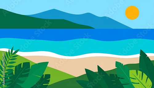 Minimalist Tropical Beach Landscape with Mountains and Jungle Foliage