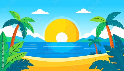Tropical Beach Landscape Illustration with Palm Trees and Sunrise