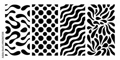 Abstract black and white patterns arranged in a grid formation
