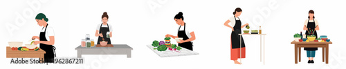 Flat illustration set of women in black aprons preparing healthy meals and salads with fresh vegetables in a kitchen environment.
