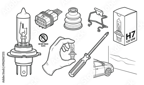 Set of car headlight bulb vector line icons, editable stroke, car maintenance