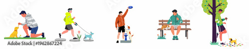Set of flat vector illustrations featuring men engaged in various outdoor activities with their pet dogs, including walking, playing, training, and relaxing.